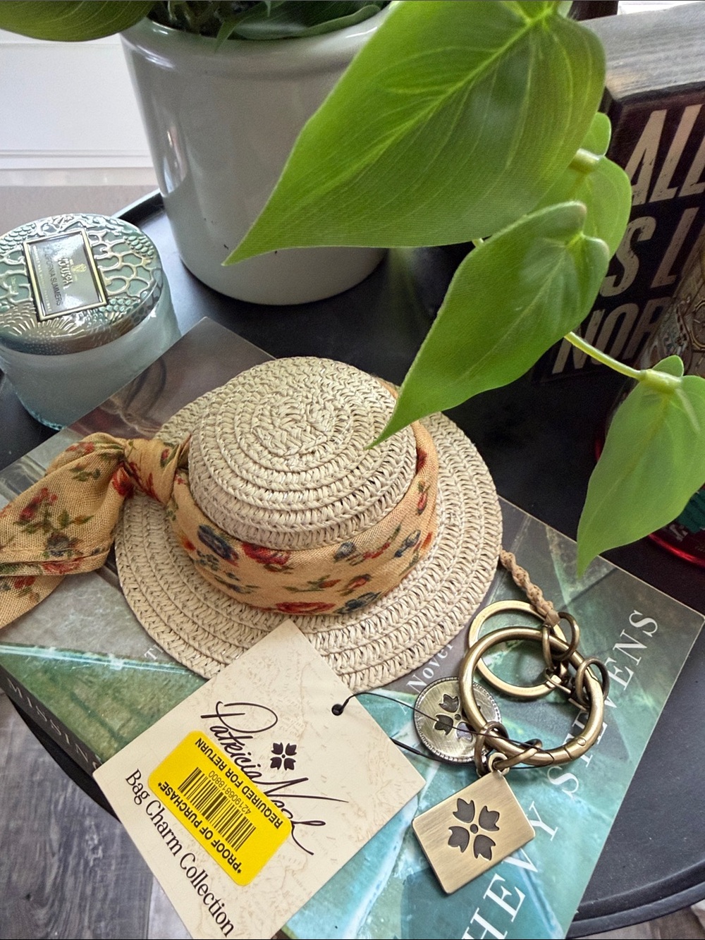 Patricia Nash Beige Straw Hat Bag Charm with Floral Scarf Accent nwt